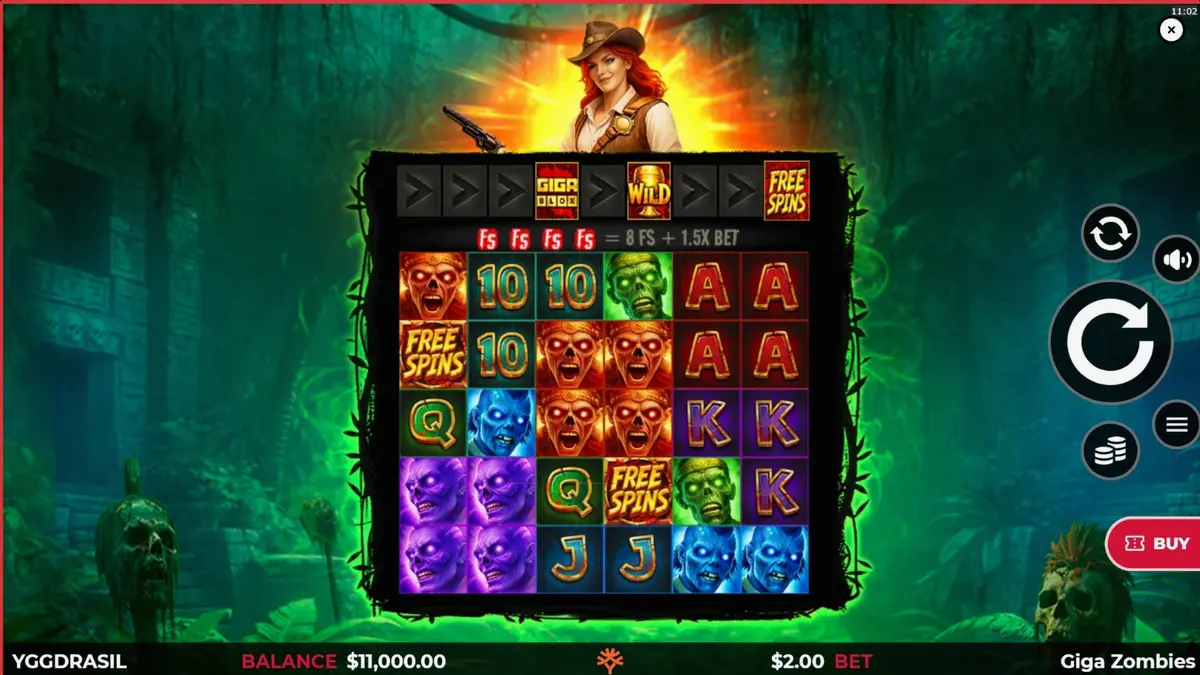 Cena de jogo do slot Giga Zombies com zumbis e temática de selva maia