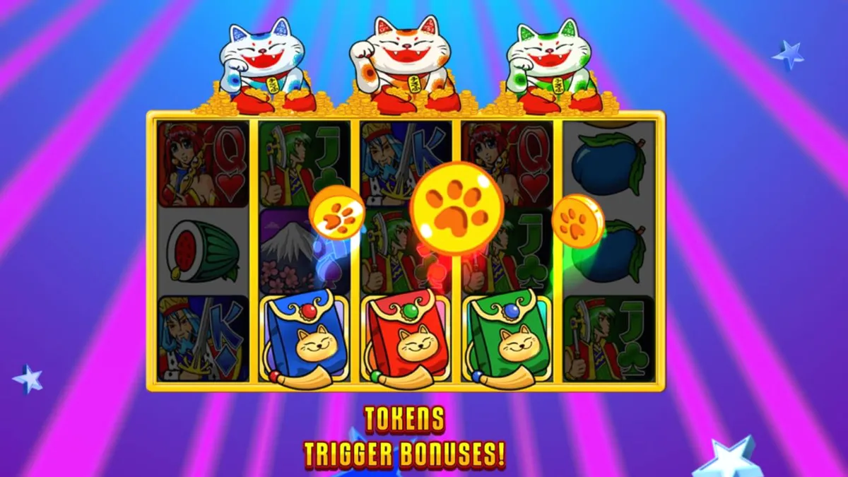 Interface vibrante e colorida do slot Super Graphics Upside Down com gatos da sorte e símbolos de frutas