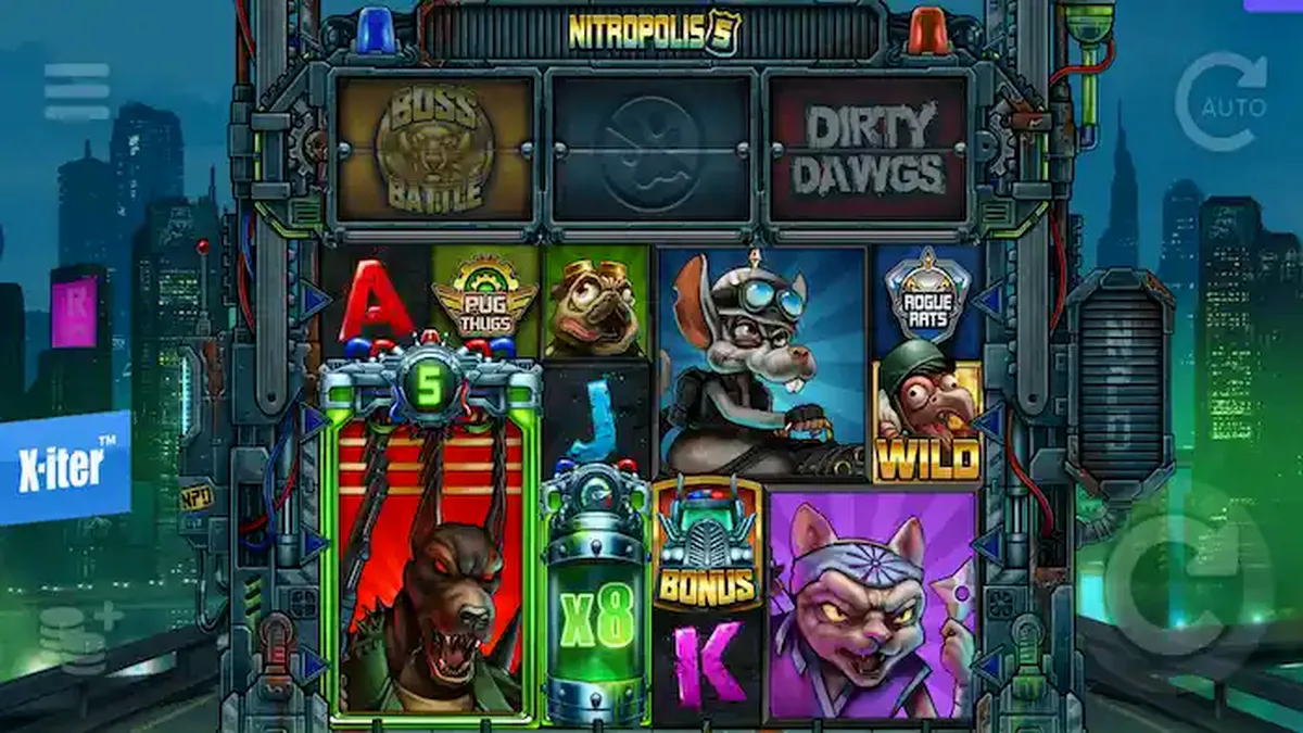 Tela do jogo de slot Nitropolis 5 com tema de guerra urbana