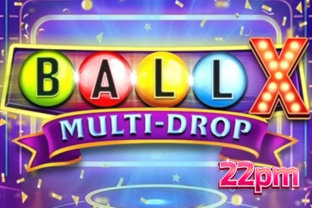 Interface neon do jogo Ball X Multi-Drop com símbolos de frutas e multiplicadores.